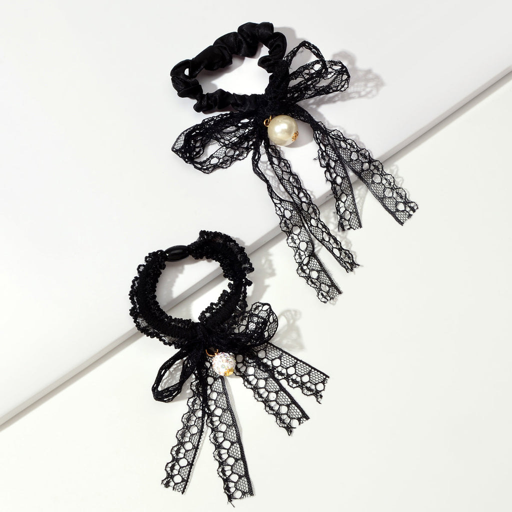 2pcs Black Lace Bead Elastic Bowknot Hair Ties Ropes Women Girl Hair Accessories