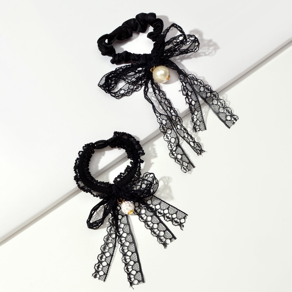 2pcs Black Lace Bead Elastic Bowknot Hair Ties Ropes Women Girl Hair Accessories
