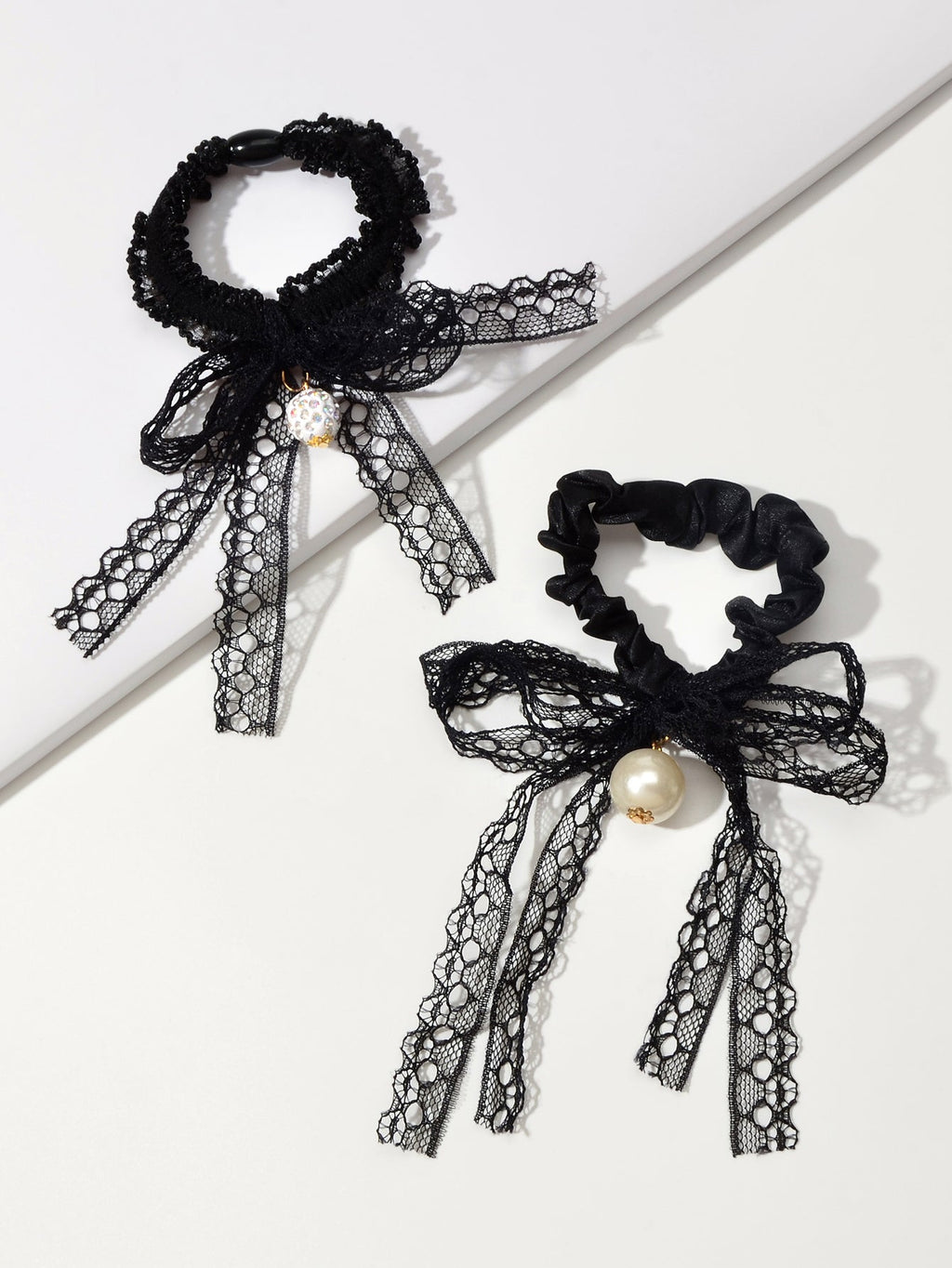 2pcs Black Lace Bead Elastic Bowknot Hair Ties Ropes Women Girl Hair Accessories