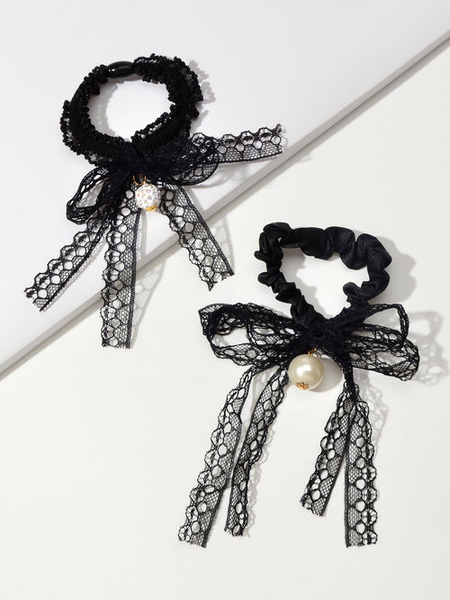 2pcs Black Lace Bead Elastic Bowknot Hair Ties Ropes Women Girl Hair Accessories