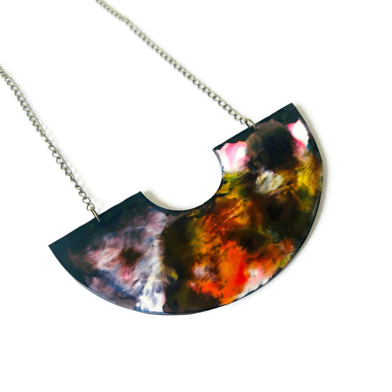 Abstract Alcohol Ink Jewelry Set in Black, White Yellow Orange, Fluid Art Jewelry