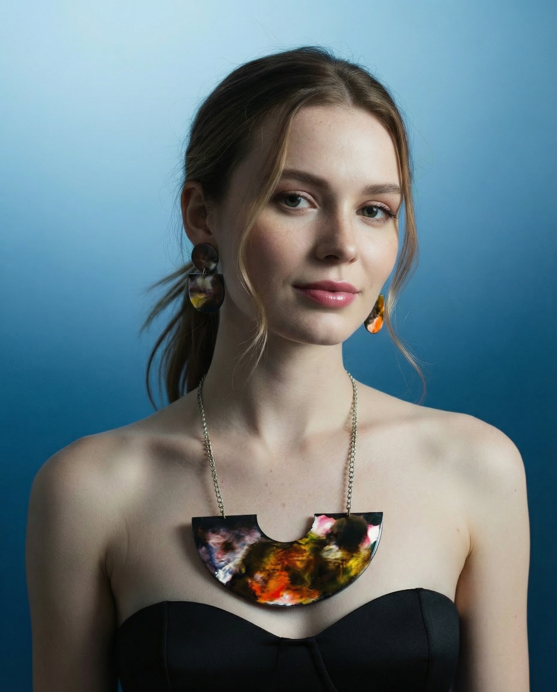 Abstract Alcohol Ink Jewelry Set in Black, White Yellow Orange, Fluid Art Jewelry