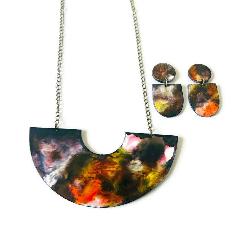 Abstract Alcohol Ink Jewelry Set in Black, White Yellow Orange, Fluid Art Jewelry