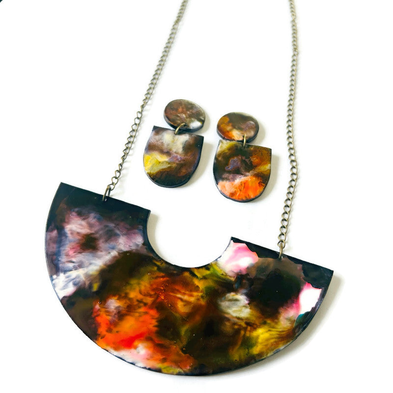 Abstract Alcohol Ink Jewelry Set in Black, White Yellow Orange, Fluid Art Jewelry