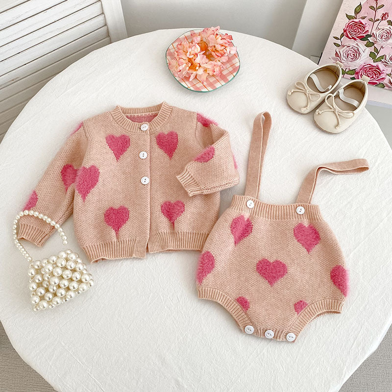 Spring and Autumn Baby Kids Girls Heart Pattern Knitting Pattern Cardigan Sweater and Bloomers Casual Clothing Set