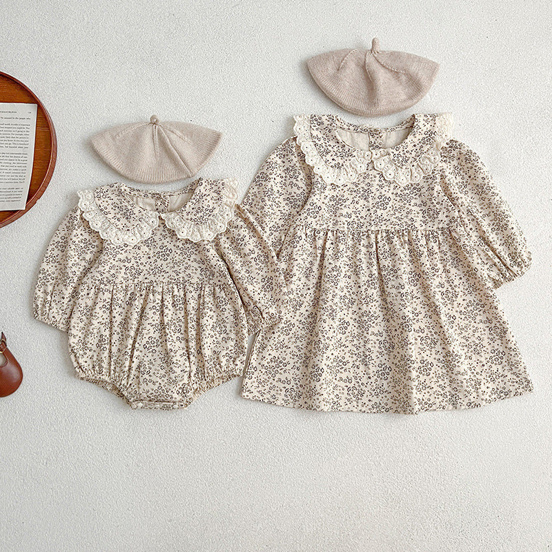 Adorable Baby Lace Collar Romper And Floral Print Girls’ Dress – Princess Sister Matching Set