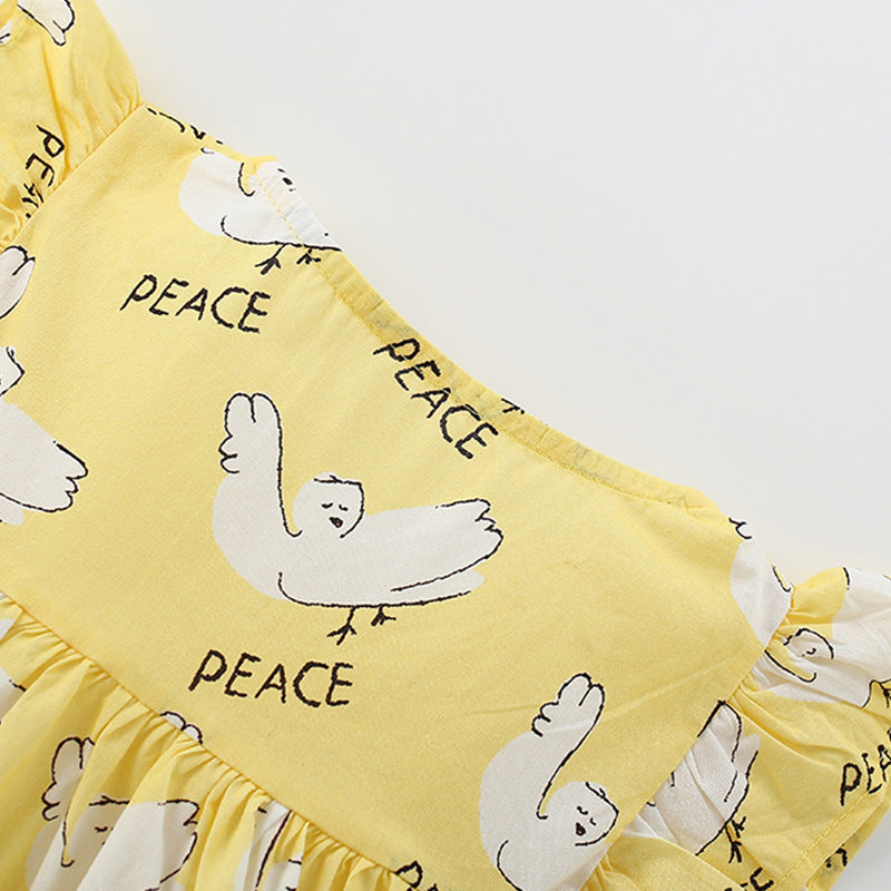 Summer Arrival Cartoon and Letters Pattern Fly Sleeves Dress for Stylish Girls