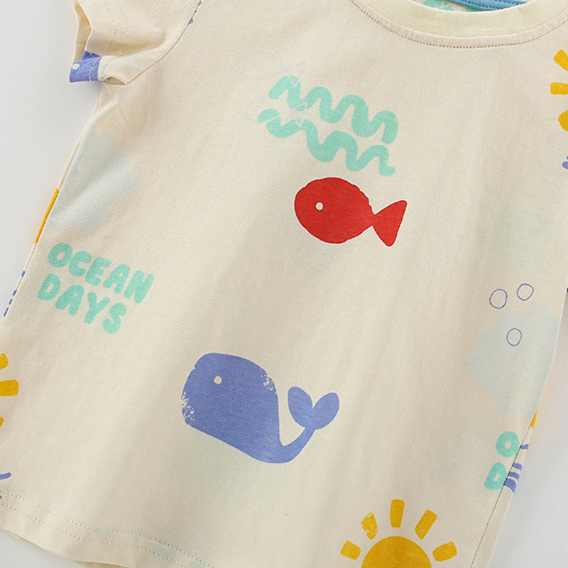 Summer Baby Kids Fish Pattern T-shirt and Shorts Clothing Set for Boys
