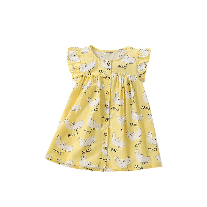 Summer Arrival Cartoon and Letters Pattern Fly Sleeves Dress for Stylish Girls