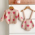 Spring and Autumn Baby Kids Girls Heart Pattern Knitting Pattern Cardigan Sweater and Bloomers Casual Clothing Set