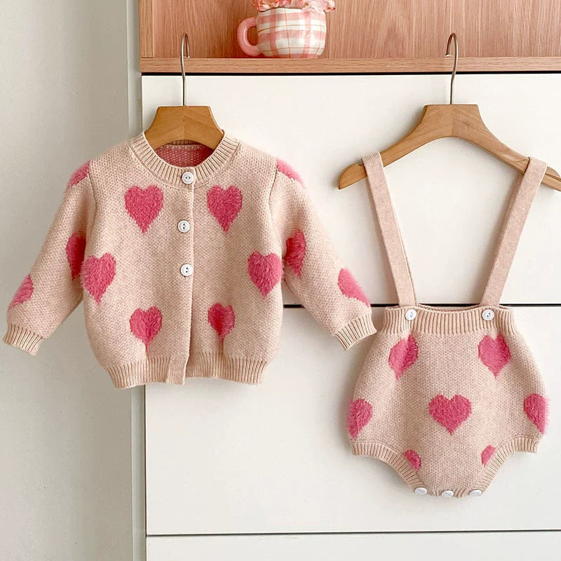 Spring and Autumn Baby Kids Girls Heart Pattern Knitting Pattern Cardigan Sweater and Bloomers Casual Clothing Set