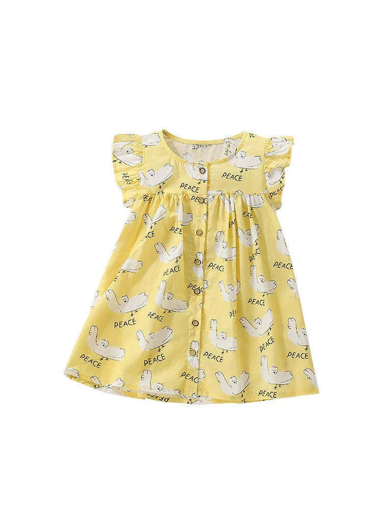 Summer Arrival Cartoon and Letters Pattern Fly Sleeves Dress for Stylish Girls